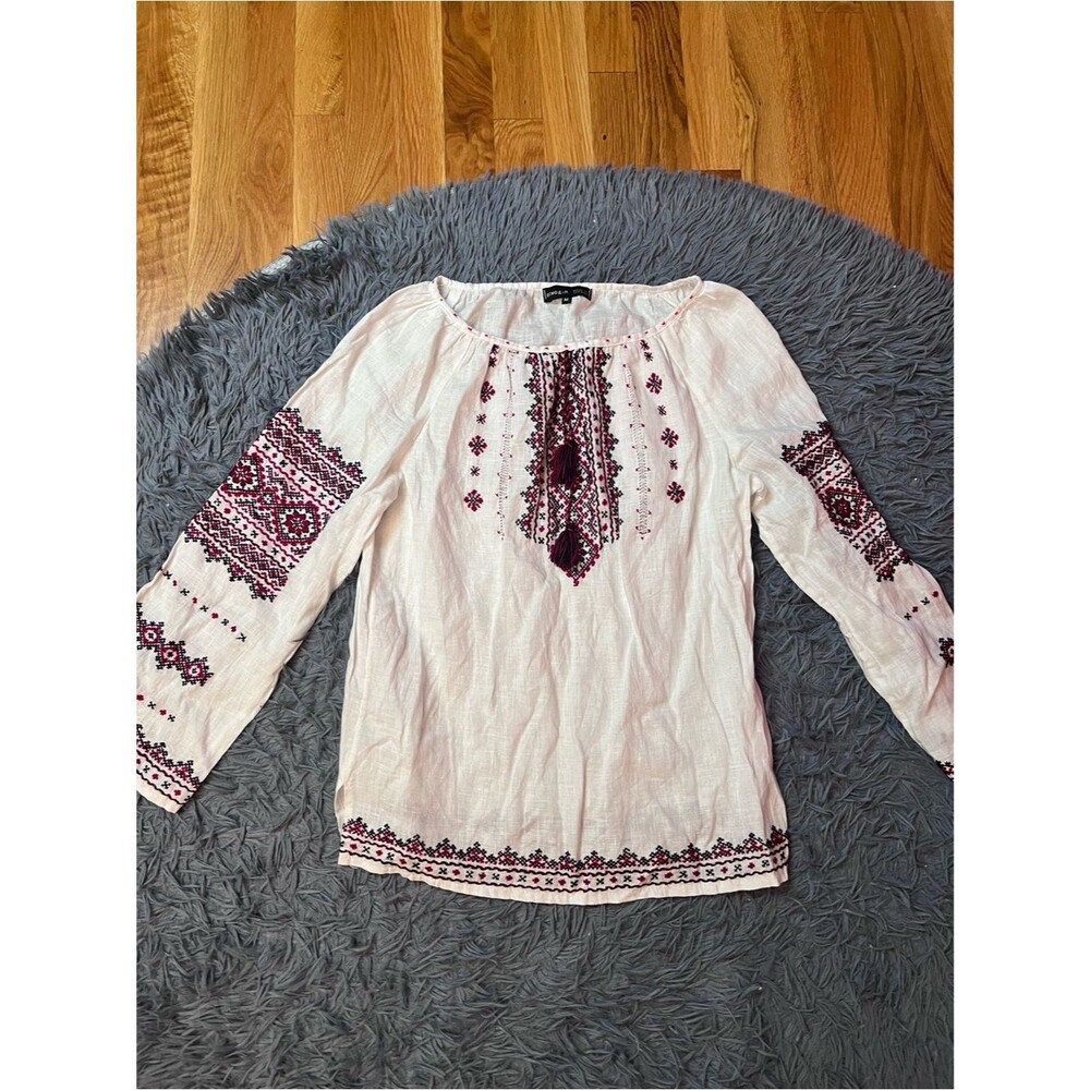 Etnodim Embroidered Linen White Peasant Vyshyvanka Blouse Size M